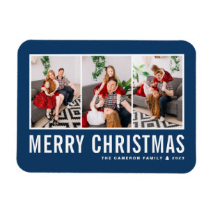 Modern Typography Blue Photo Collage Christmas Magnet