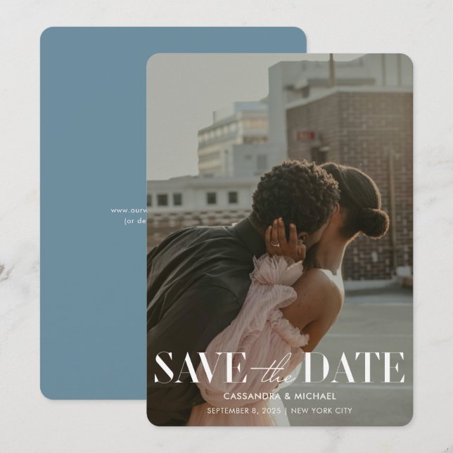 Modern Typography Blue Photo Wedding Save Date Invitation (Front/Back)