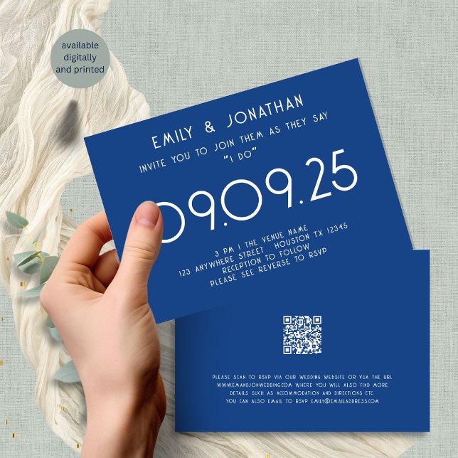Modern Typography Blue Wedding Invitation (Front and back view)