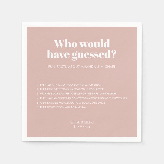 Modern Typography Blush Pink Wedding Fun Facts Napkin (Front)