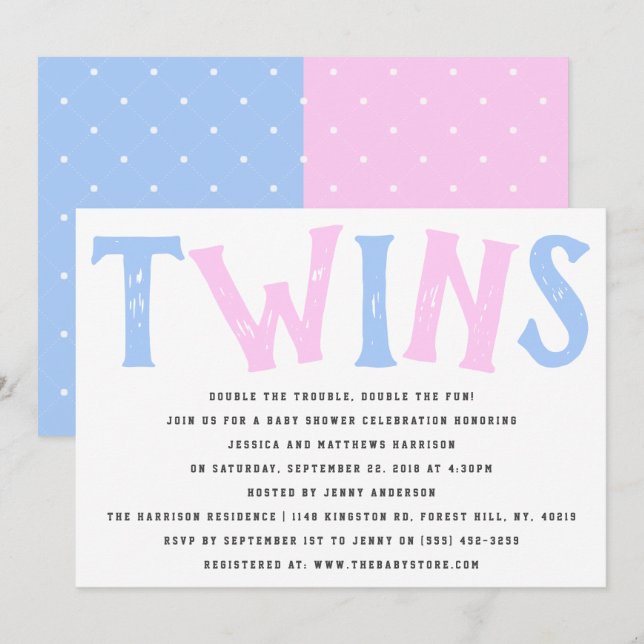 Modern Typography Boy & Girl Twins Baby Shower Invitation (Front/Back)