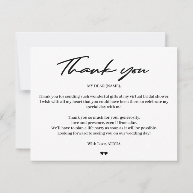Modern typography bridal virtual shower thank you card (Front)