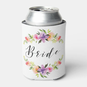 Modern Typography Bride Watercolors Flowers Frame Can Cooler