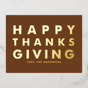 Modern Typography Brown Happy Thanksgiving Gold Foil Holiday Postcard
