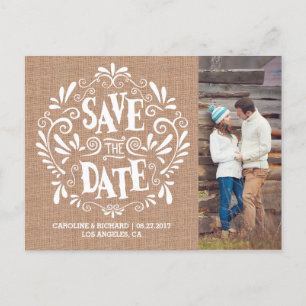 MODERN TYPOGRAPHY   BURLAP  SAVE THE DATE POSTCARD