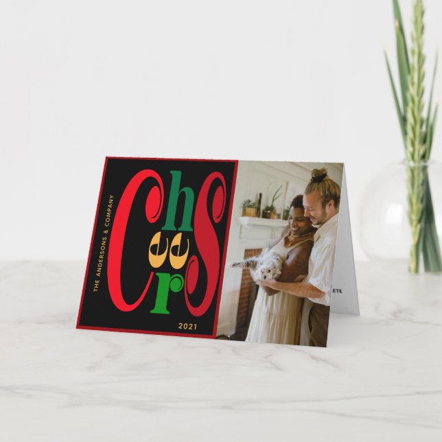 Modern Typography CHEERS Photo Holiday Card (Front)