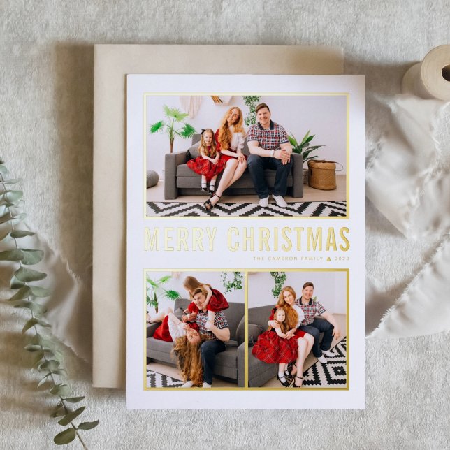 Modern Typography Christmas Three Photo Foil Holiday Card (Creator Uploaded)