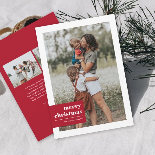Modern Typography Colour Block Photo Christmas Holiday Card (Modern red and white typography tag merry christmas 3 photo holiday card.)