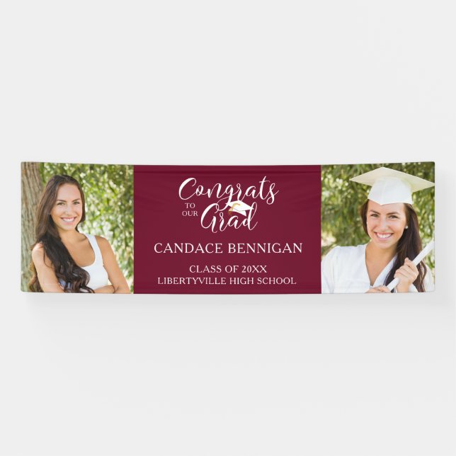 Modern Typography CONGRATS GRAD Photo Maroon Banner (Horizontal)