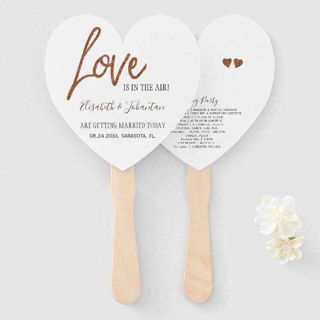 Modern typography copper glitter wedding program hand fan (Front and Back)