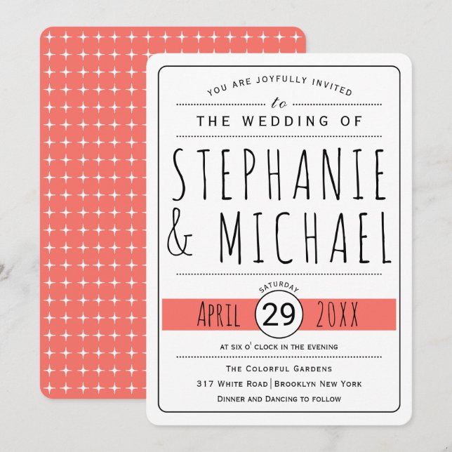 Modern typography coral living wedding rounded invitation (Front/Back)