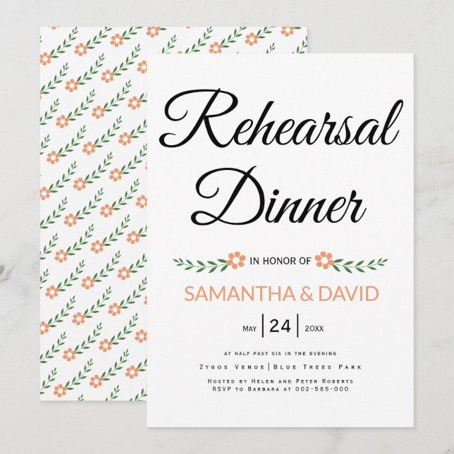 Modern typography coral wedding rehearsal dinner invitation (Front/Back)