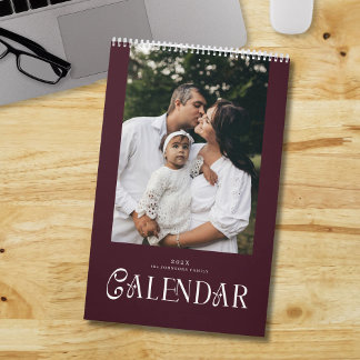 Modern Typography Custom Family Photo Burgundy Calendar