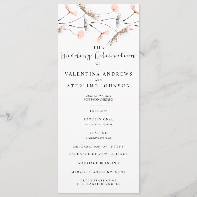 Modern Typography Dandelion Wedding Program Card (Front)