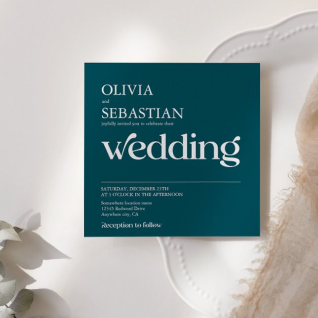 Modern Typography Deep Teal Square Photo Wedding Invitation (Creator Uploaded)