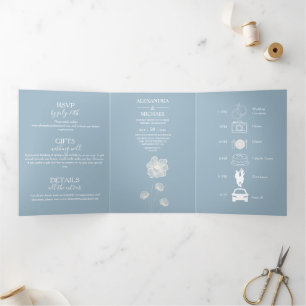 Modern Typography Dusty Blue Botanical Wedding Tri-Fold Invitation