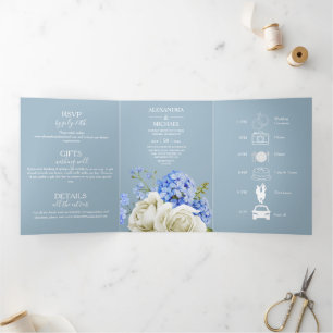 Modern Typography Dusty Blue Botanical Wedding Tri Tri-Fold Invitation