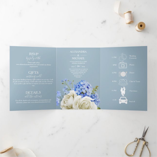 Modern Typography Dusty Blue Botanical Wedding Tri Tri-Fold Invitation (Inside)