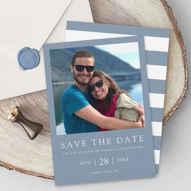 Modern Typography Dusty Blue Minimalistic Photo Save The Date (Creator Uploaded)
