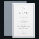 Modern Typography Dusty Blue Monogram Wedding Menu<br><div class="desc">Set the table with a touch of elegance using our Modern Typography Dusty Blue Monogram Wedding Menu. This beautifully designed menu features your personalised monogram at the top, gracefully rendered in a sophisticated dusty blue calligraphy. The delicate hue adds a soft, romantic touch to your reception decor, complementing any wedding...</div>