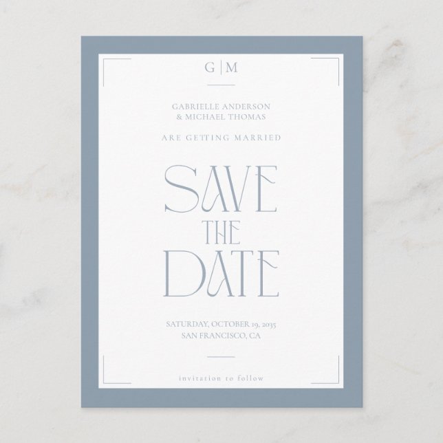 Modern Typography Dusty Blue Save The Date  Postcard (Front)