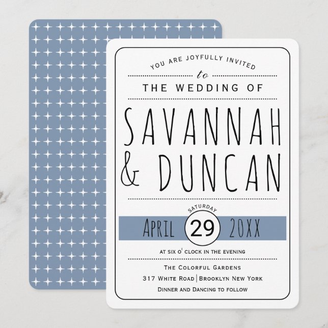 Modern typography dusty blue wedding rounded invitation (Front/Back)