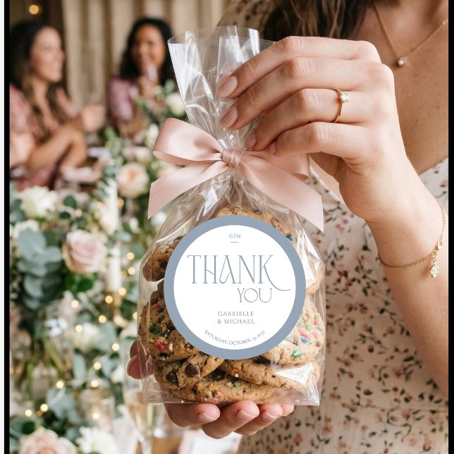 Modern Typography Dusty Blue Wedding Thank You  Classic Round Sticker (Creator Uploaded)