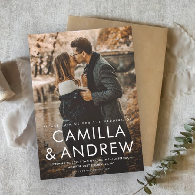 Modern Typography Elegant Photo Wedding  Magnetic Invitation (Simple photo wedding invitation magnet with modern typographic overlay.)