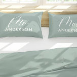 Modern typography elegant script mr gift pillow ca pillowcase<br><div class="desc">Modern typography elegant  script Mr and Mrs personalised gift. Idea gift for husband and wife,  newlywed couple. Sage green design. Available in different colours.</div>