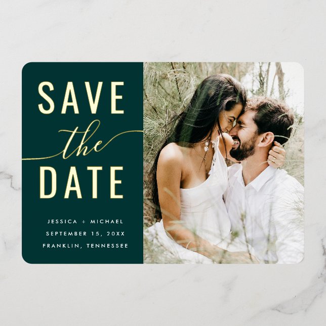 Modern Typography Emerald Green Photo Save Date  (Front)