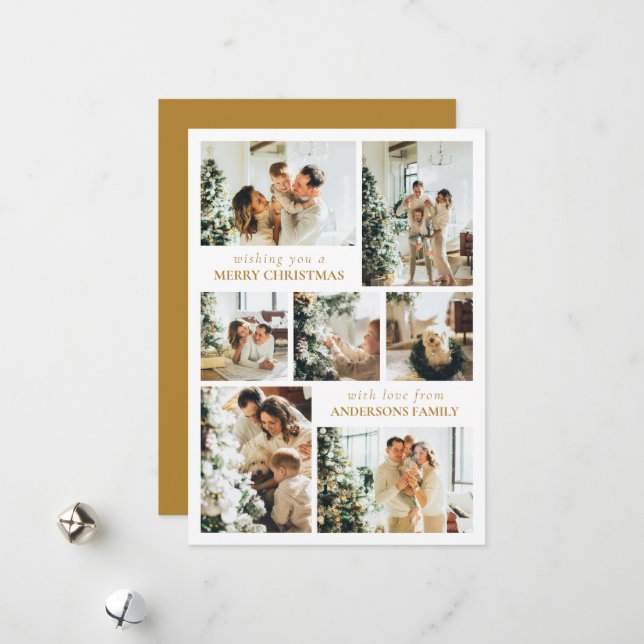 Modern Typography Family Photo Christmas Gold Holiday Card (Front/Back In Situ)