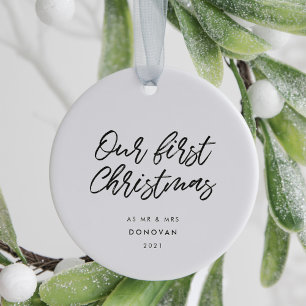 Modern typography First Christmas wedding photo Ceramic Tree Decoration