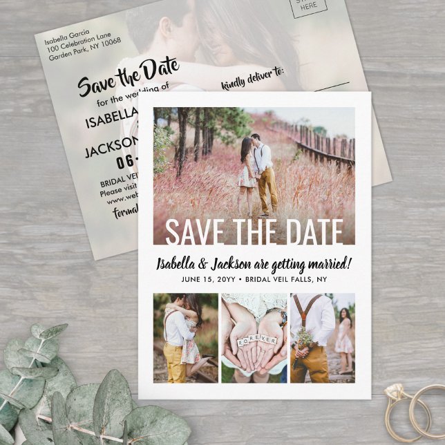 Modern Typography Five Photo Wedding Save the Date Announcement Postcard (Creator Uploaded)