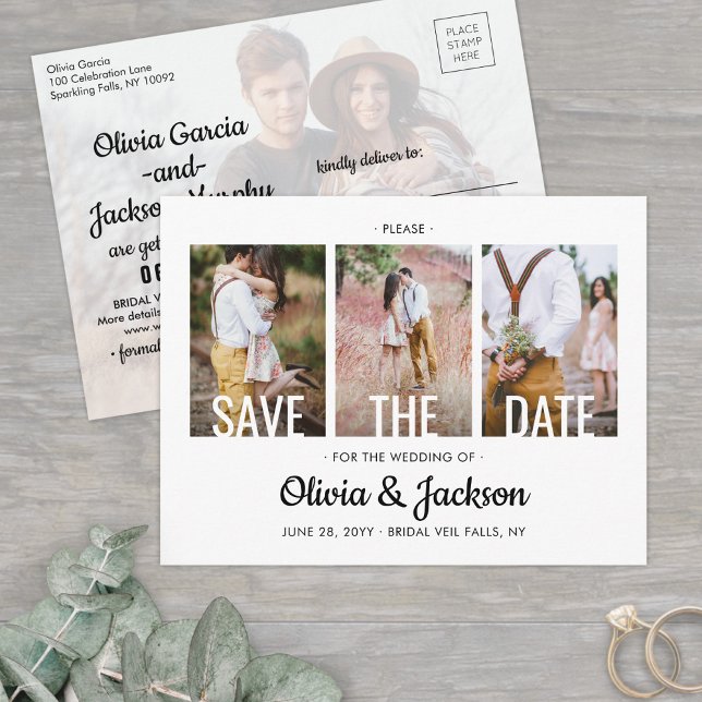 Modern Typography Four Photo Wedding Save the Date Announcement Postcard (Creator Uploaded)