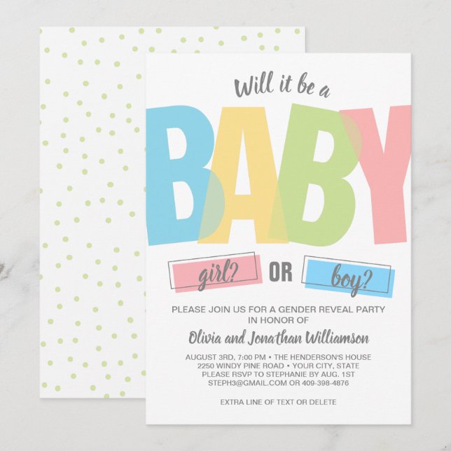 Modern Typography Gender Reveal Baby Shower Party Invitation (Front/Back)