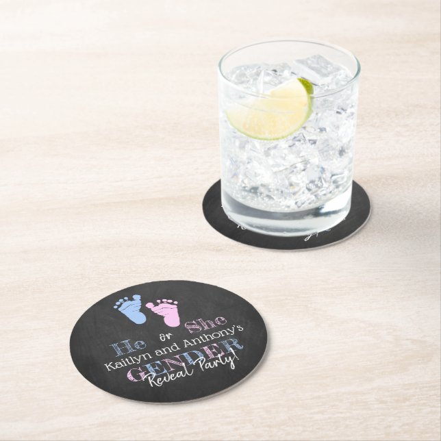 Modern Typography Gender Reveal Party! Baby Shower Round Paper Coaster (Insitu)