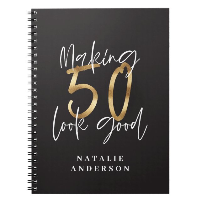 modern typography gold black 50th birthday notebook (Front)