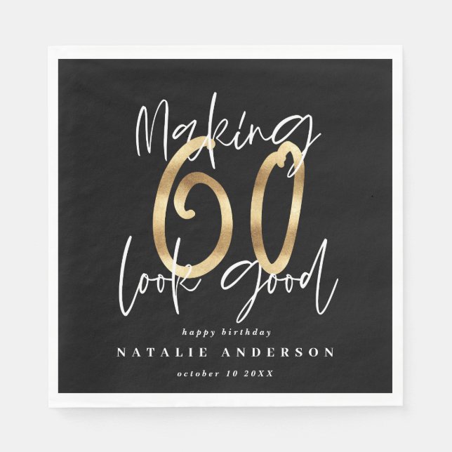 Modern typography gold black 60th birthday party napkin (Front)