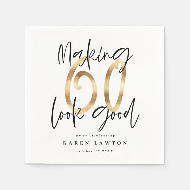 Modern typography gold black 60th birthday party napkin (Front)