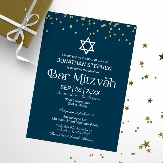 Modern Typography Gold Confetti Blue Bar Mitzvah Invitation (Creator Uploaded)