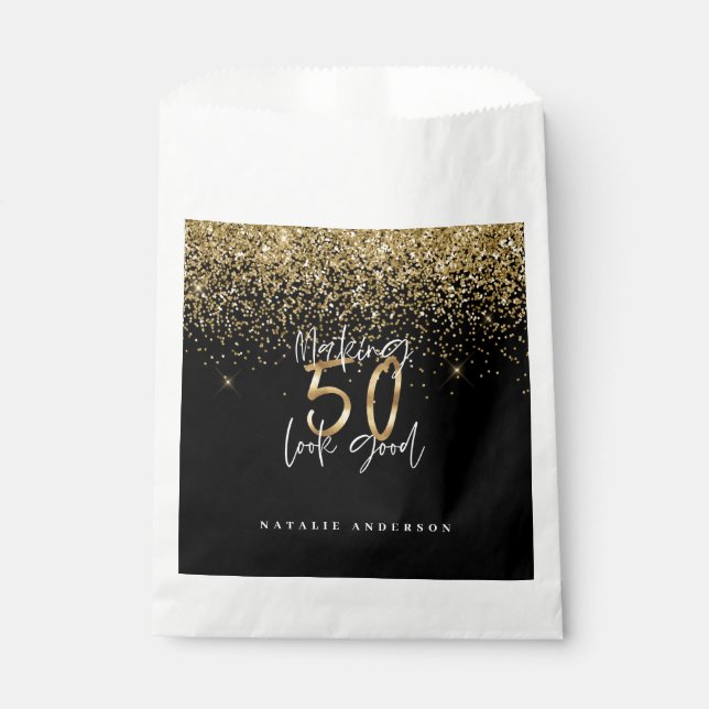 Modern typography gold glitter chic 50th birthday  favour bags (Front)