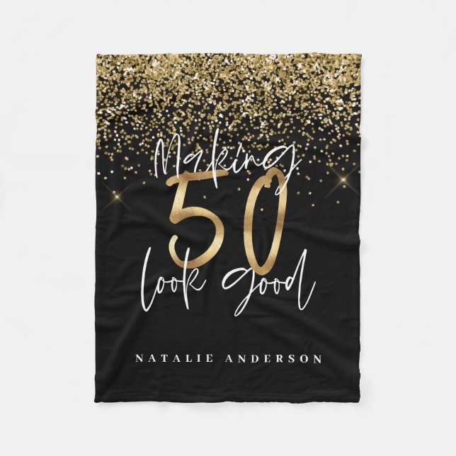 Modern typography gold glitter chic 50th birthday  fleece blanket (Front)
