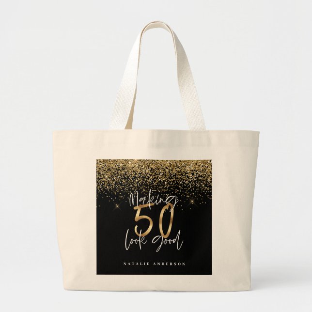 Modern typography gold glitter chic 50th birthday  large tote bag (Front)