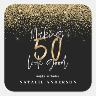Modern typography gold glitter chic 50th birthday square sticker