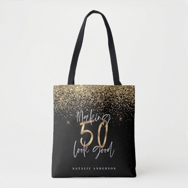 Modern typography gold glitter chic 50th birthday  tote bag (Front)