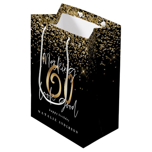 Modern typography gold glitter chic 60th birthday medium gift bag (Front Angled)