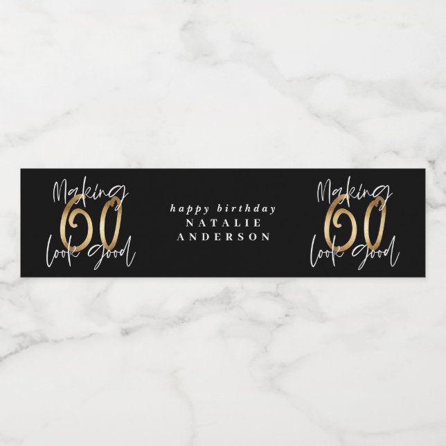 Modern typography gold glitter chic 60th birthday water bottle label (Single Label)