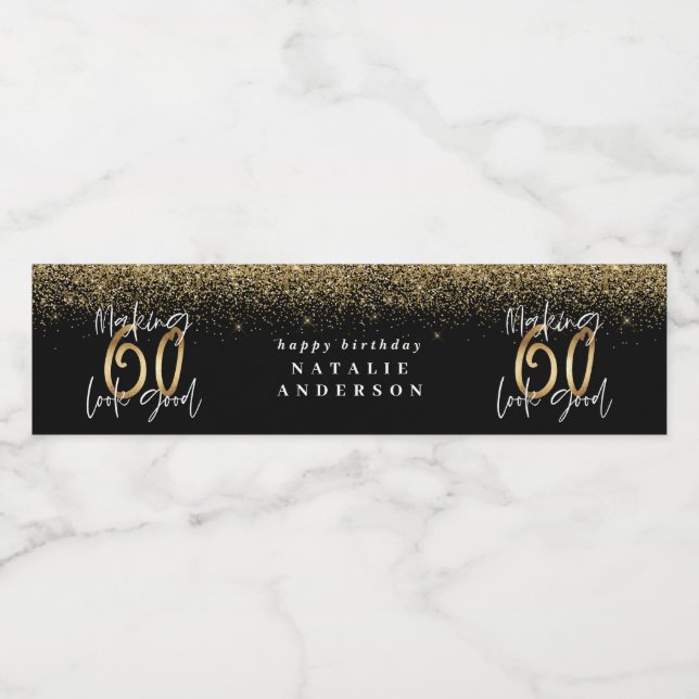 Modern typography gold glitter chic 60th birthday water bottle label (Single Label)