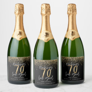 Modern typography gold glitter chic 70th birthday sparkling wine label