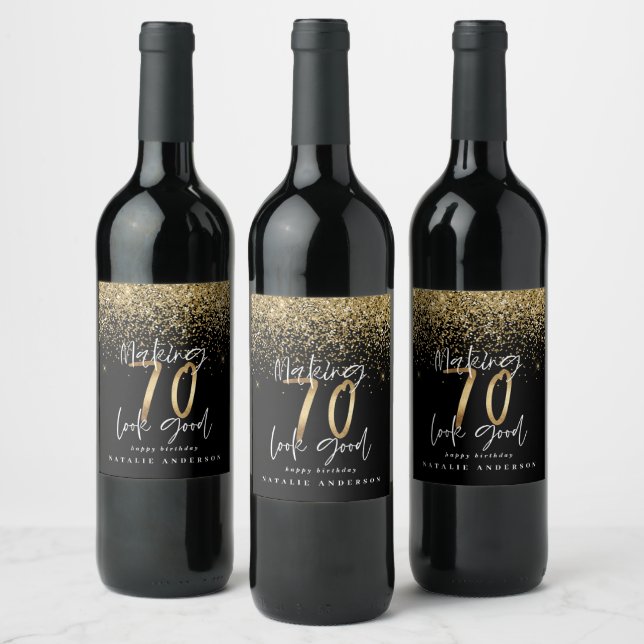 Modern typography gold glitter chic 70th birthday wine label (Bottles)